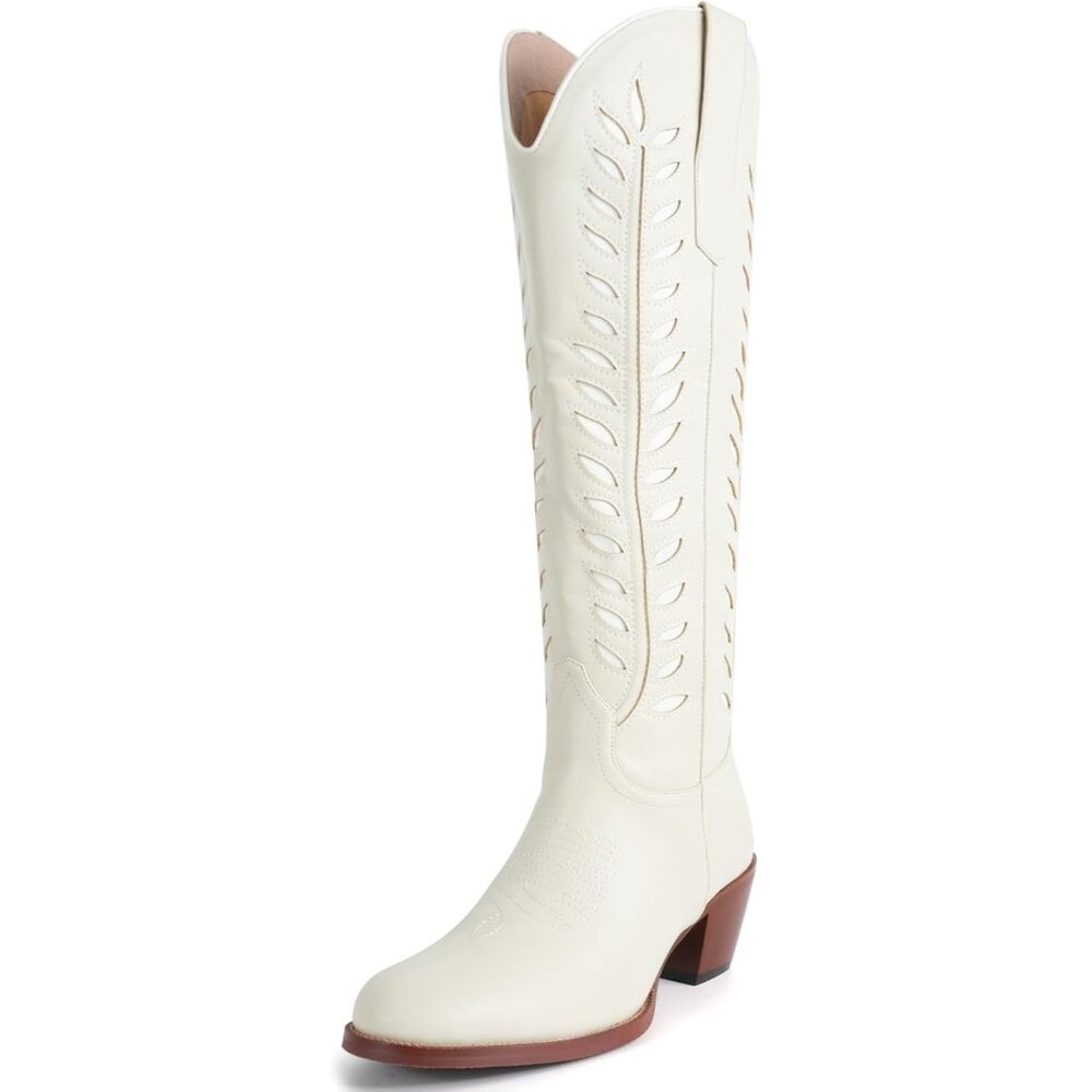 ⚡Women Ivory Faux Leather Knee High Round toe 2 Inch Chunky Heel Cowgirl Boots